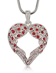 Lovely Red Crystal Guardian Angel Heart Wings Silver Tone Necklace